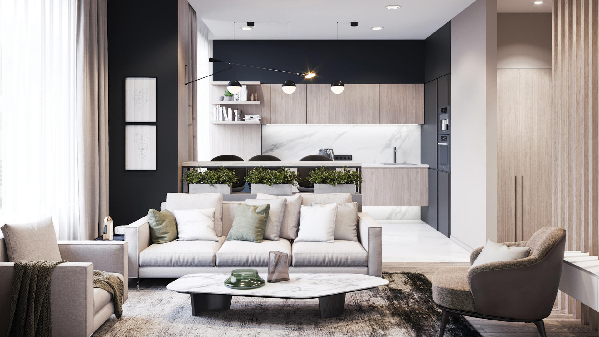 Современный стиль Кухня, гостиная